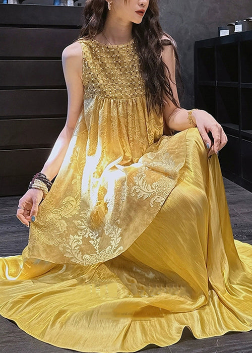 O Two Neck Silk Summer Patchwork Dress Yellow Pieces False FashionChic