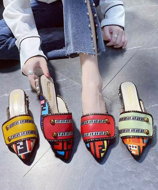 Sandals Toe Pointed Splicing Unique Slide Leather Yellow Faux FashionChic