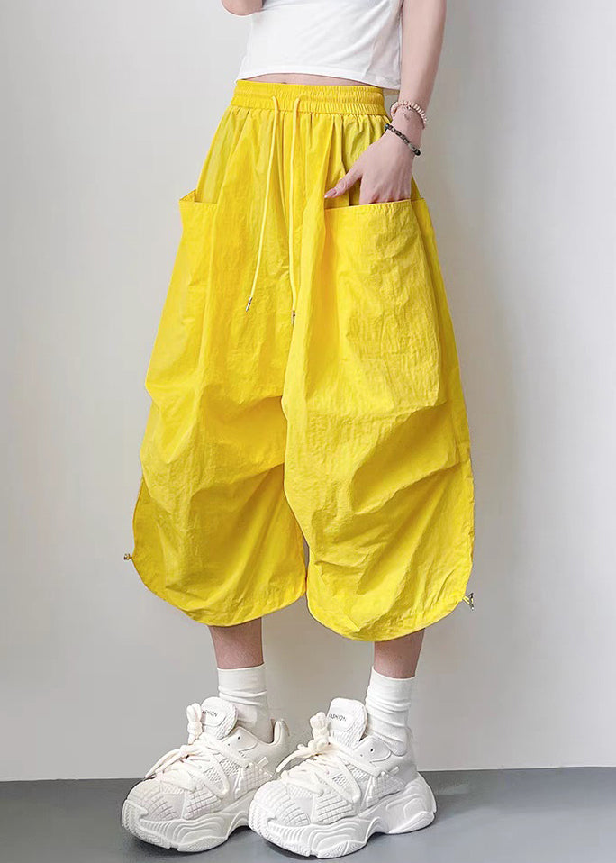 Elastic Waist Oversized Yellow Lace Summer Up Crop Pants Cotton FashionChic
