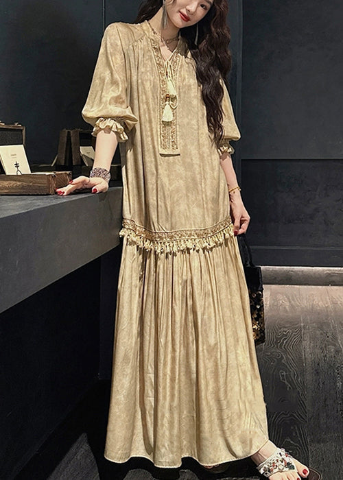 Dress Sleeve Long Yellow Silk V Tasseled Neck Half Print FashionChic