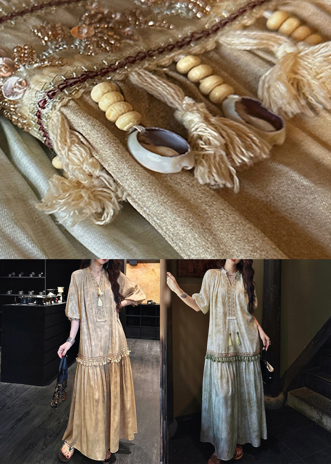 Dress Sleeve Long Yellow Silk V Tasseled Neck Half Print FashionChic