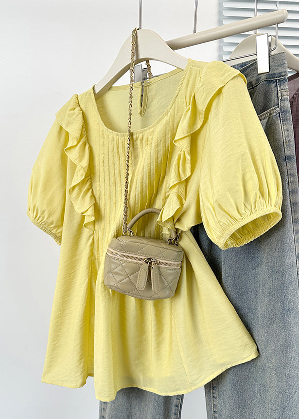 Button Shirts Solid Cotton Neck Yellow O Ruffled FashionChic