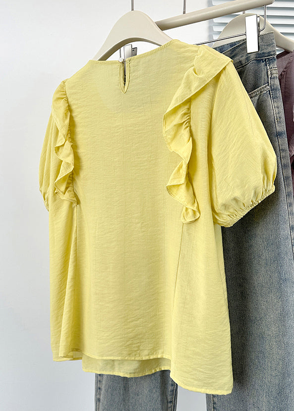 Button Shirts Solid Cotton Neck Yellow O Ruffled FashionChic