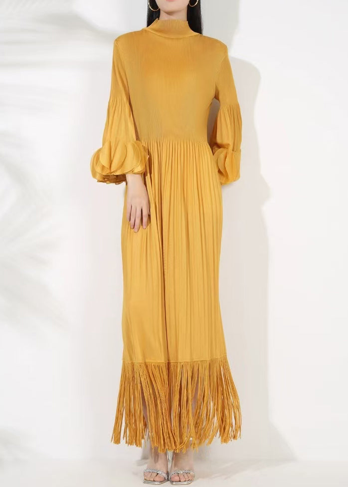 Long Tasseled Dress Turtleneck Petal Sleeve Cotton Yellow FashionChic