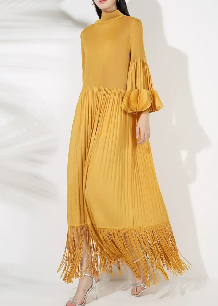 Long Tasseled Dress Turtleneck Petal Sleeve Cotton Yellow FashionChic
