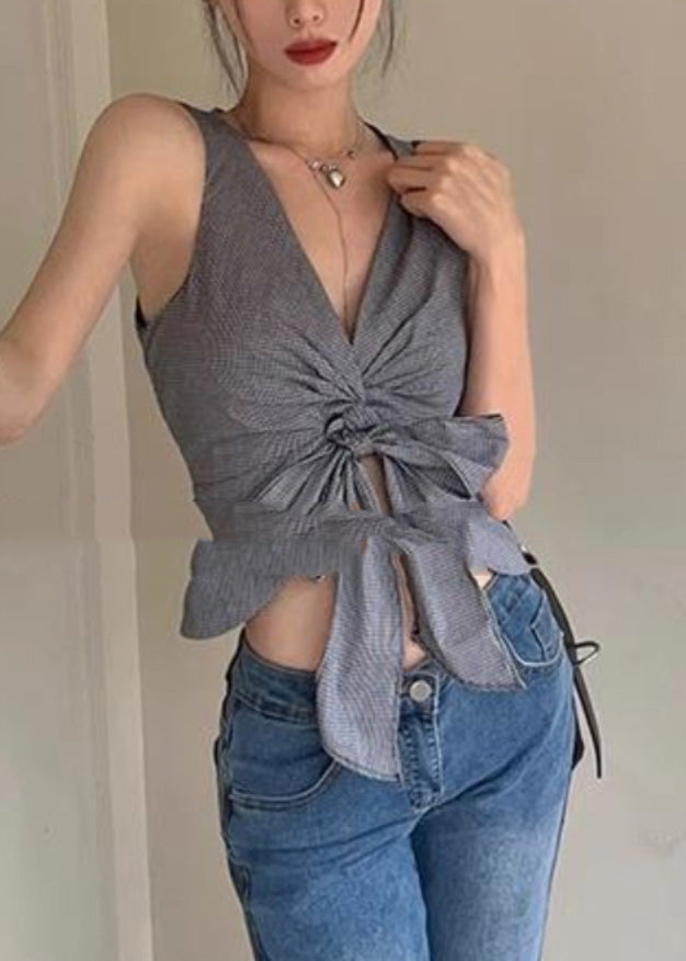 Sexy Grey V Neck Tie Waist Vest Summer AN1028 Genistyle Shop