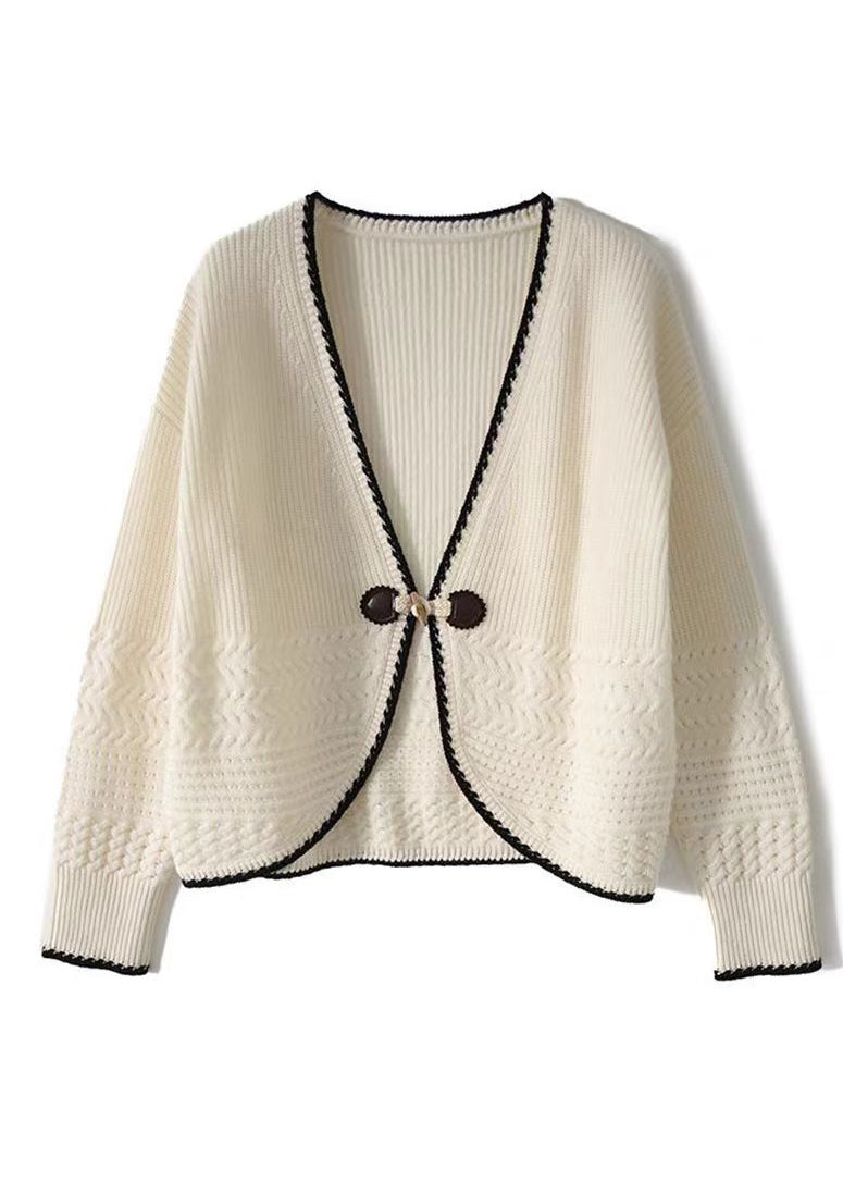 Women Beige V Neck Woolen Knit Cardigan Fall QC049 shopify