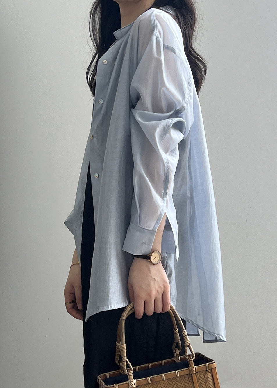Open Up Pan Peter Spring Blouses Silk Lace Side Collar Blue FashionChic