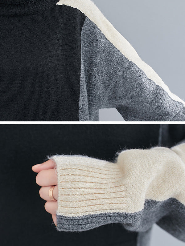 Stylish Grey High-Neck Color-block Long Sleeve Knit Sweater AN1043 Genistyle Shop