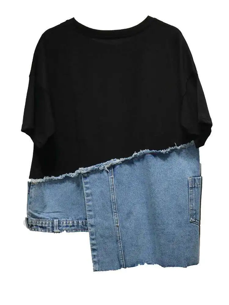 Denim Street Patchwork Sleeve White Short T-Shirt O-neck Hem FashionChic