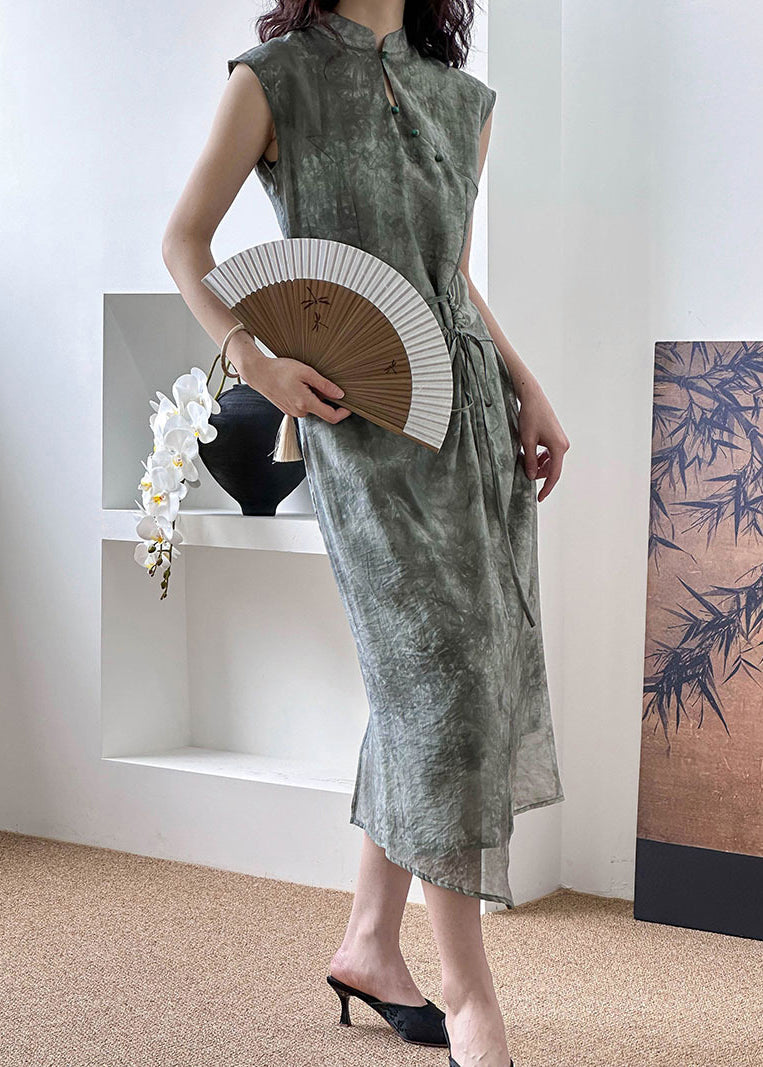 New Grey Button Lace Up Silk Cotton Long Dress Summer AF1012 HS-SDL240914