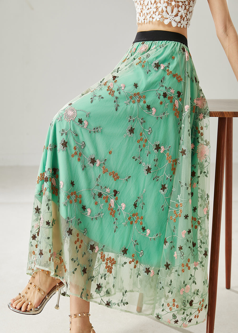 Italian Green Embroidered Tulle Skirts Summer AZ1044 shopify