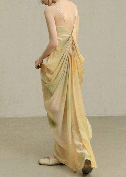 Novelty Wrinkled Dye Spaghetti Cotton Dress Tie Yellow Strap FashionChic