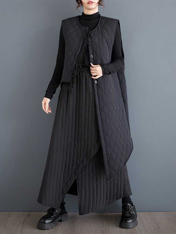 Simple Black Elasticity High Waisted Pockets Quilted Asymmetric Hem Skirt TW004 ABC