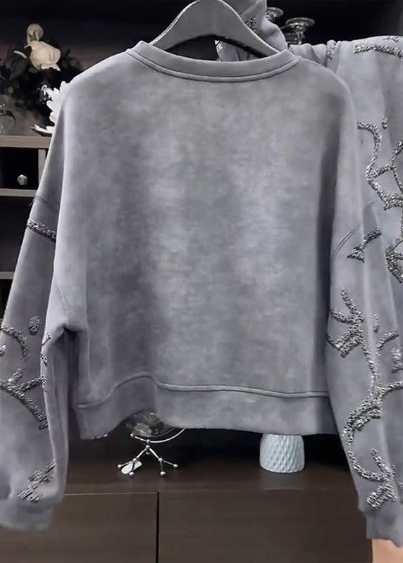 Fashion Grey O-Neck Sequins Sweatshirt Fall WD035 OL-NTP241103