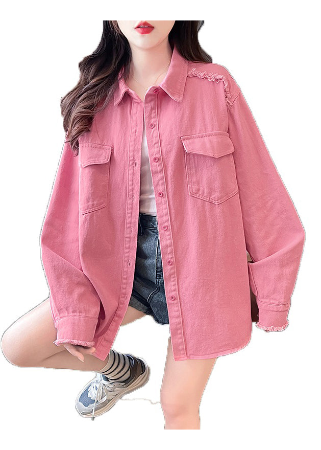 Casual Pink Peter Pan Collar Pockets Denim Shirts Coat Fall QC001 shopify
