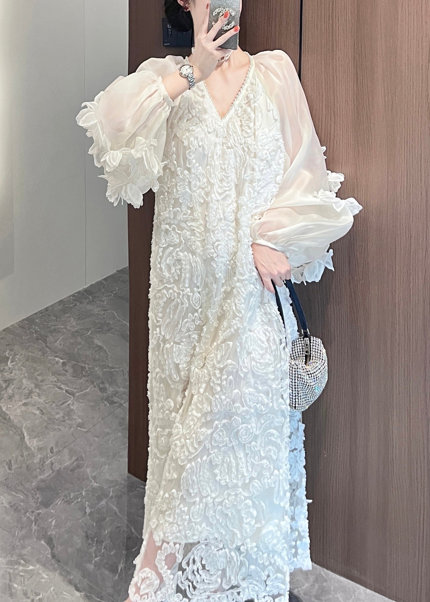 Beige Patchwork Italian Tulle V Spring Dresses Lace Neck Long FashionChic