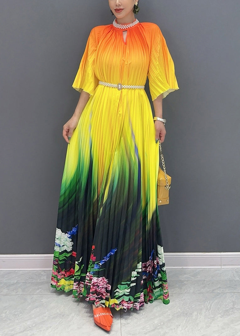 2024 Summer Fashion Orange Yellow Color Blocked Long Pleated Dress AO1020 JDML-SDL240909