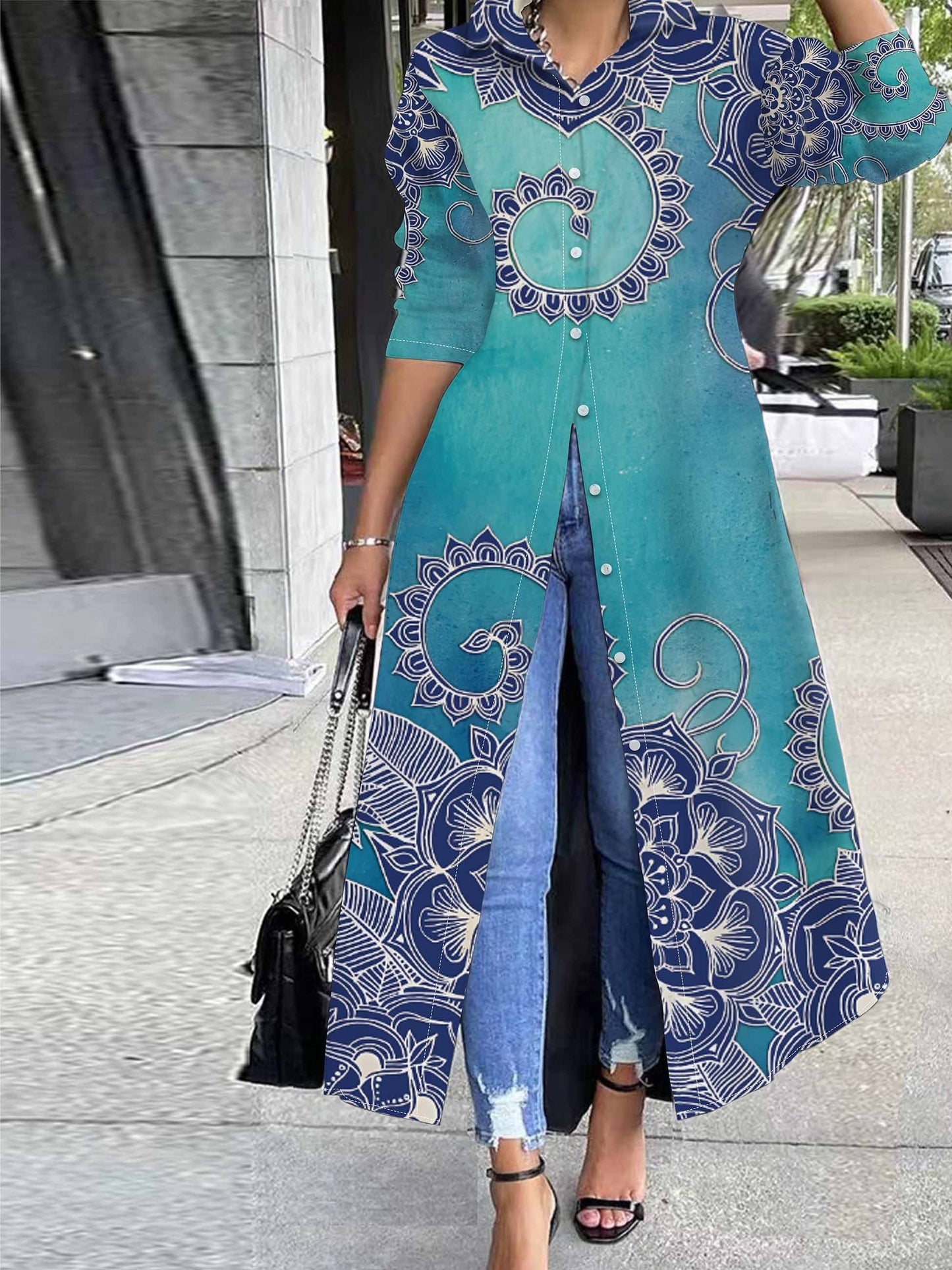 Elegant Floral Print Tunic - Long Sleeve Button Front Top, Durable & Stretch Fabric, Perfect for Any Season Furdela