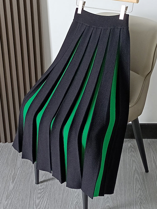 A-line Pleated Retro Skirt Knit Contrast White Color FashionChic