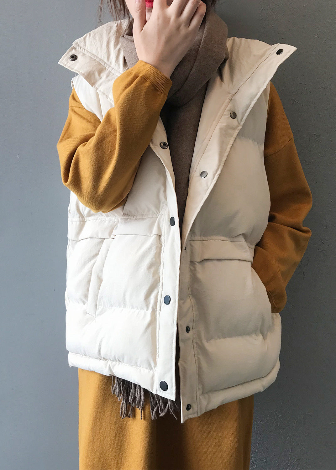 Casual Loose Beige Button Pockets Fine Cotton Filled Vest Sleeveless WD020 HS-VTP241103