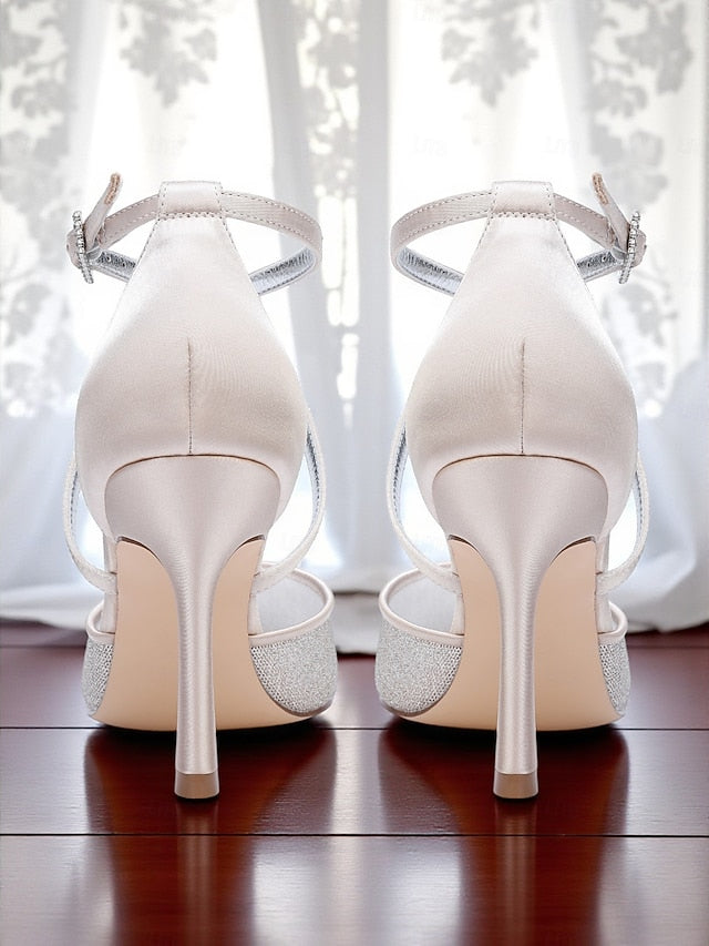 Women's Strap Ankle Silver Heels Elegant - Glitter Stiletto FashionChic