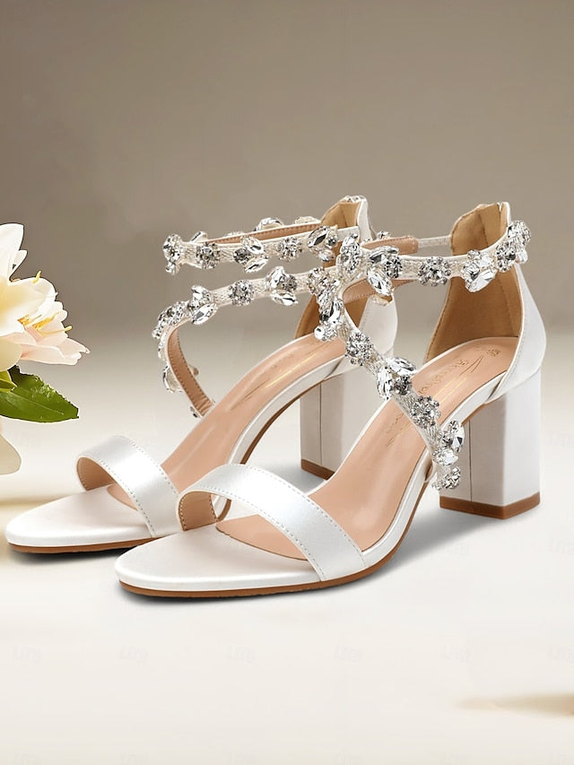 Sandals with Heel Crystal Satin Straps Pink Women's Block FashionChic