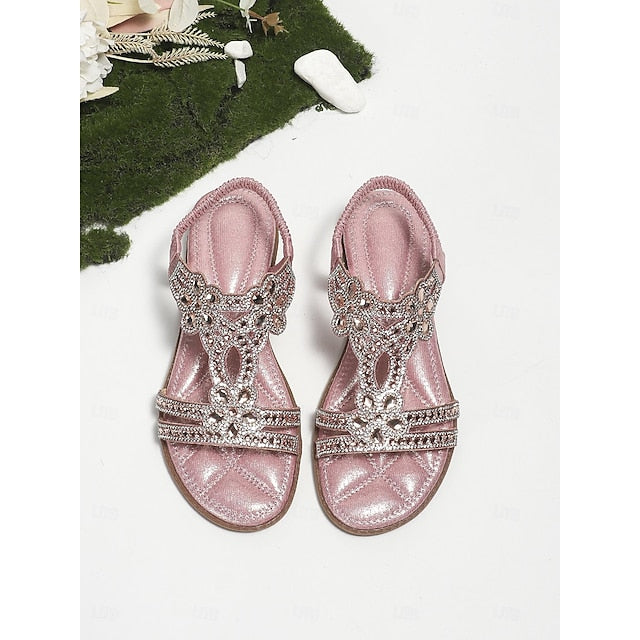T-Strap Sandals Women's Silver Boho Rhinestone Flat – FashionChic
