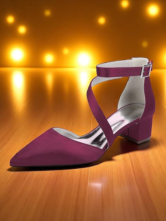 Women's Champagne Pointed Block Heels Satin Toe - FashionChic