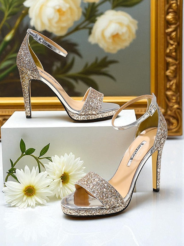 High Glitter with Strap Silver Sandals Ankle Heel Women's FashionChic