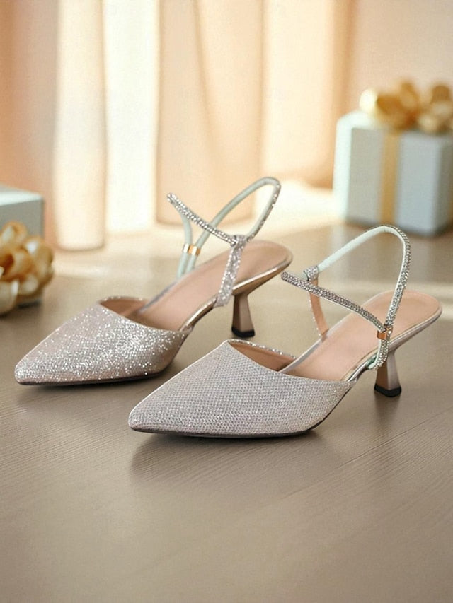 Slingback Heels Pointed Women's with Toe Glitter Silver FashionChic