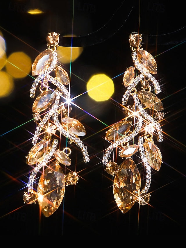 Leaf Earrings Crystal Women's Gold Design Elegant - FashionChic