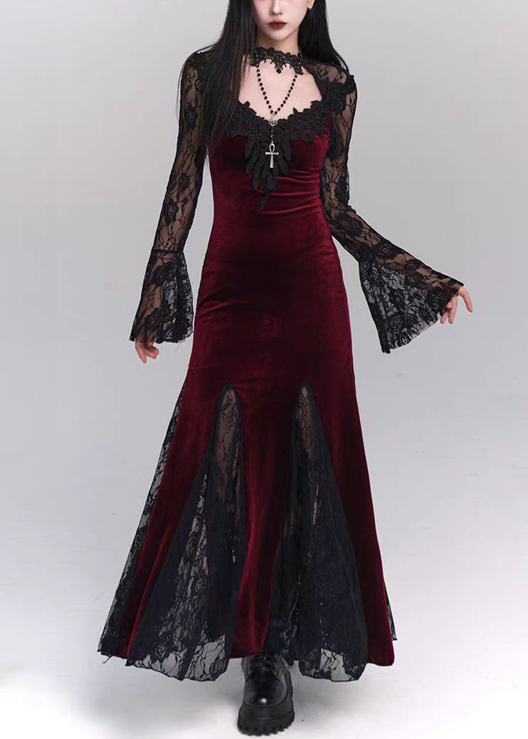 Silk Bohemian Dresses Patchwork Velvet Black Hollow Lace Maxi Out FashionChic