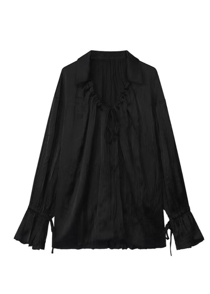 Simple Black Peter Pan Collar Cinched Button UPF 50+ Shirt Long Sleeve EE018 shopify