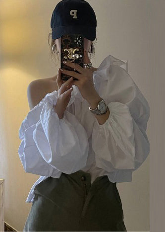 Cold Blouse Puff Sleeve French Shoulder Cotton White Top FashionChic