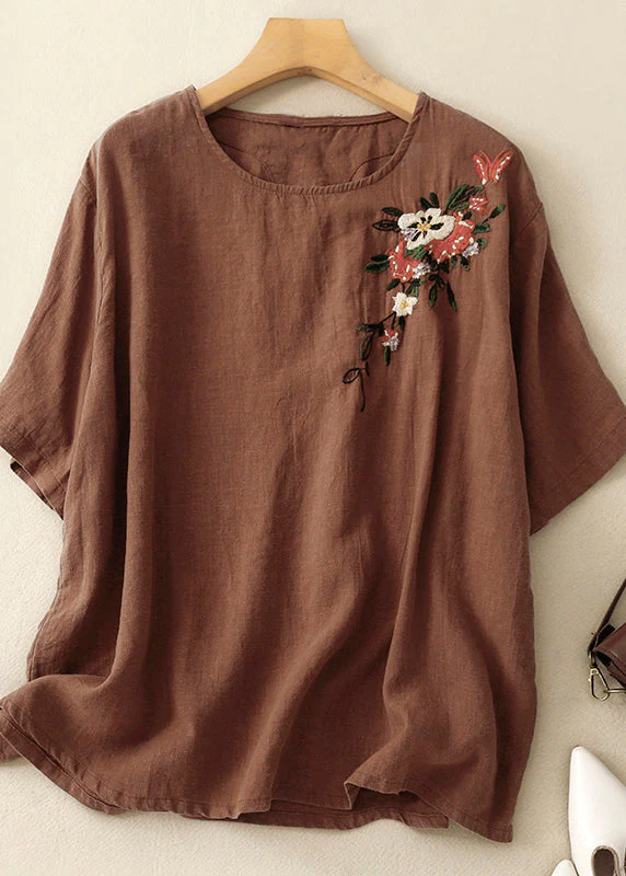 Grace Khaki O Neck Embroidered Linen T Shirts Summer QR018 GSK-240929