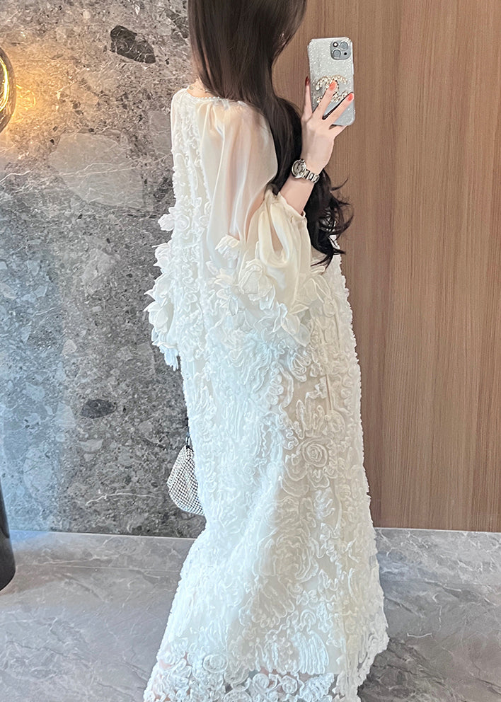 Beige Patchwork Italian Tulle V Spring Dresses Lace Neck Long FashionChic