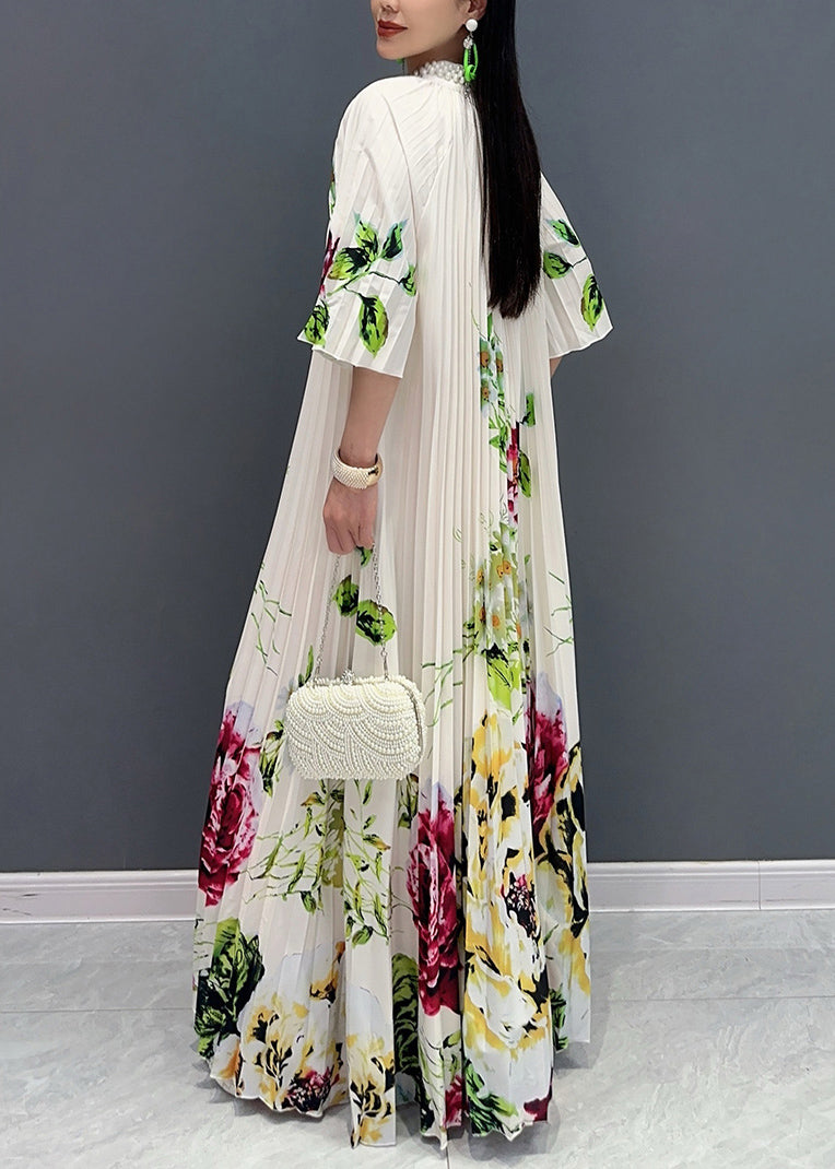 Stylish White Stand Collar Print Maxi Dresses Half Sleeve AO1022 JDML-SDL240909