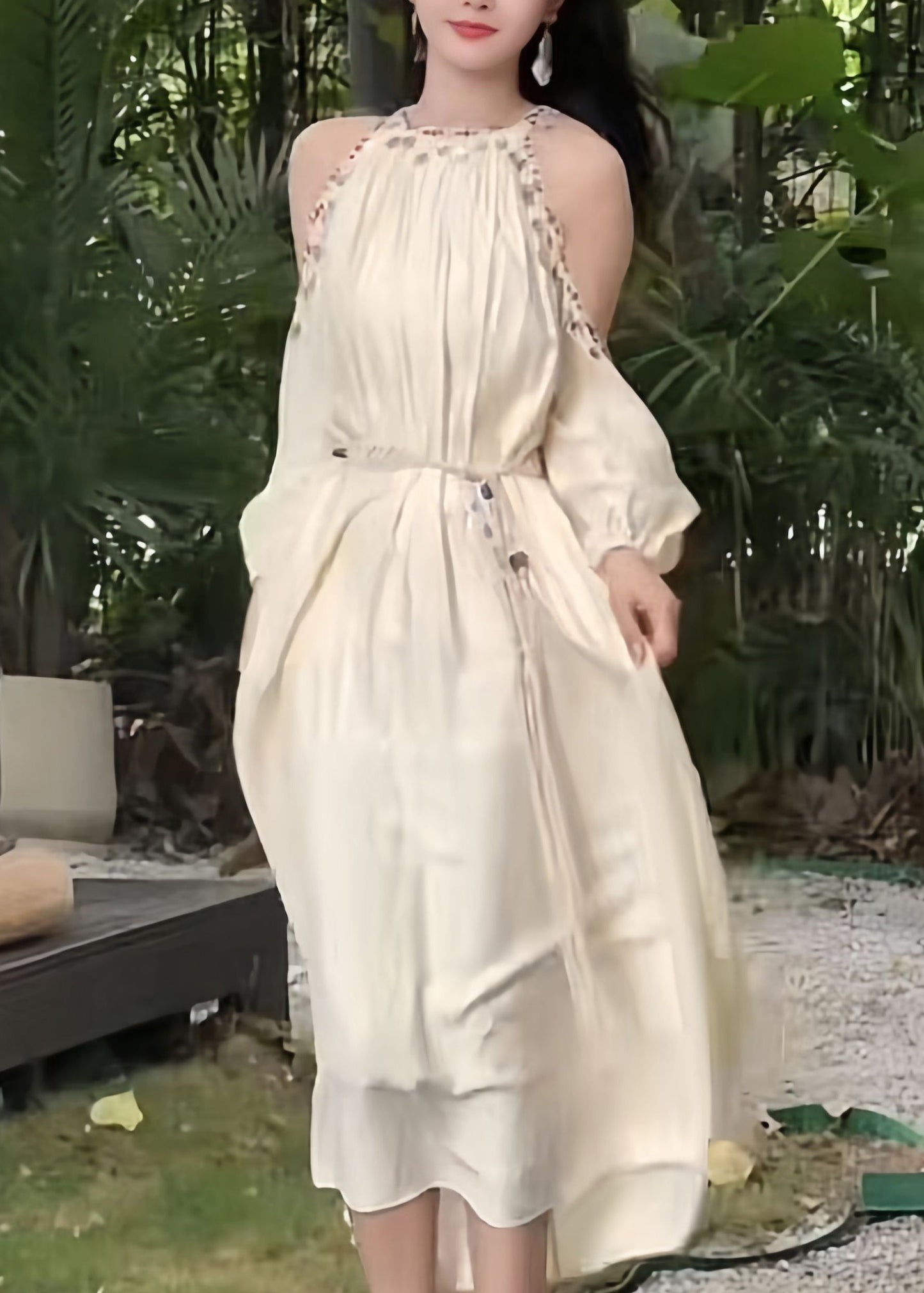 Apricot Bohemian Lantern Silk Cold Sleeve Shoulder Sequins Long FashionChic