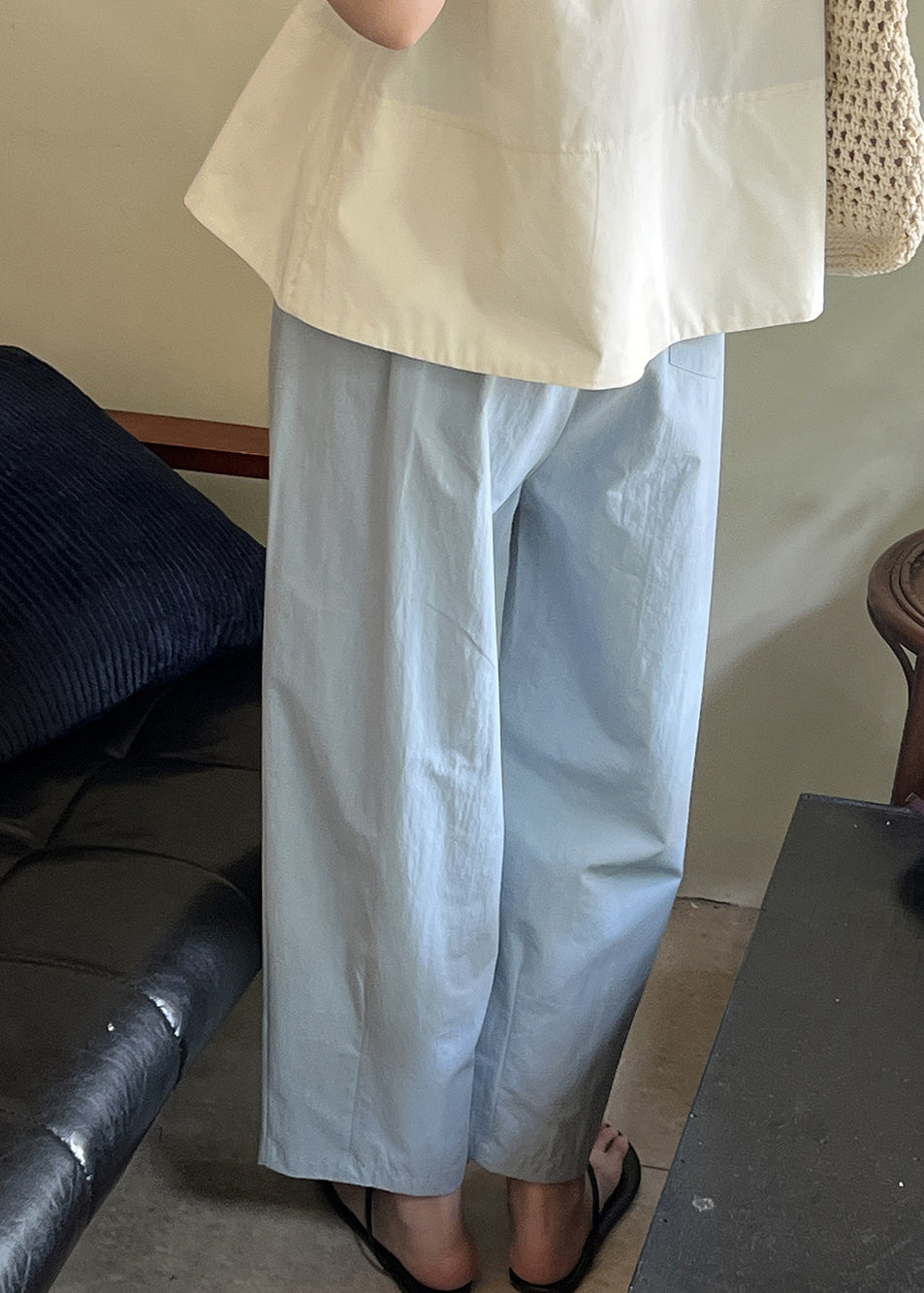Blue Summer Solid Pants Loose Cotton Elastic Crop Waist FashionChic