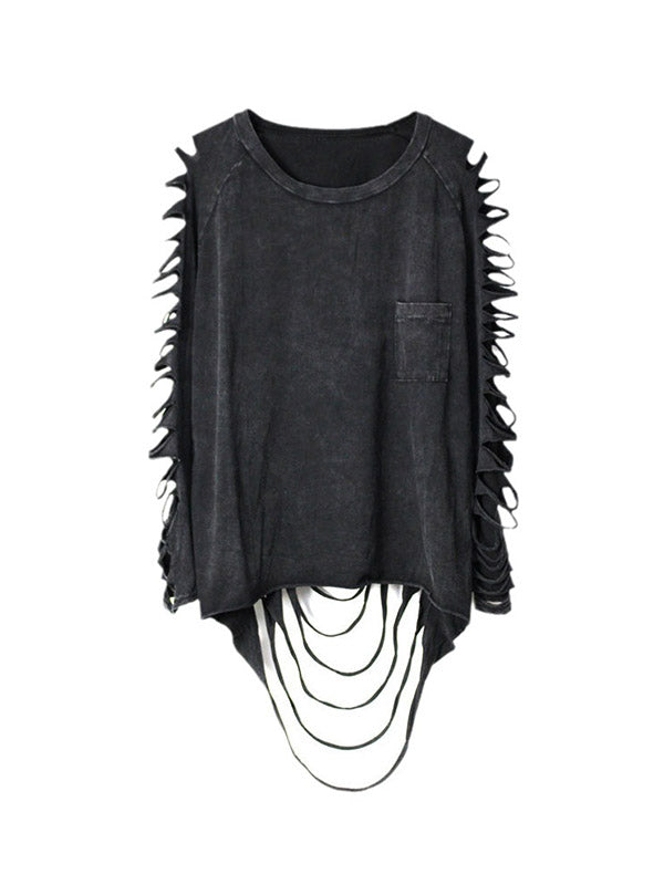 Black Sleeves T-shirt Out Long Round-neck Street Loose Hollow FashionChic