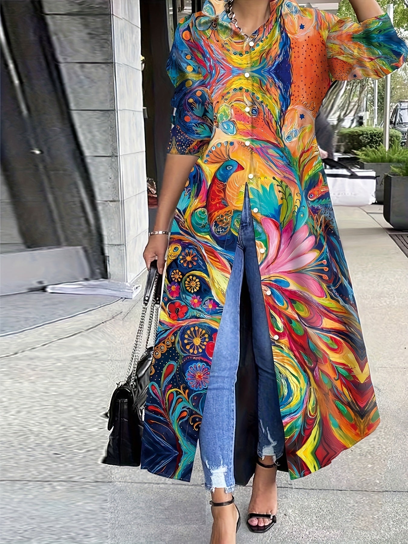 Elegant Floral Print Tunic - Long Sleeve Button Front Top, Durable & Stretch Fabric, Perfect for Any Season Furdela