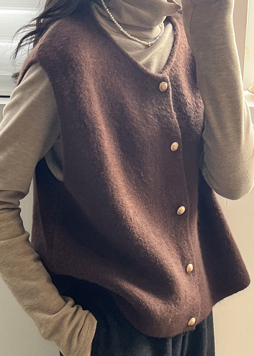 Women Khaki O Neck Button Knit Vest Tops Sleeveless AF1082 HS-VTP240914
