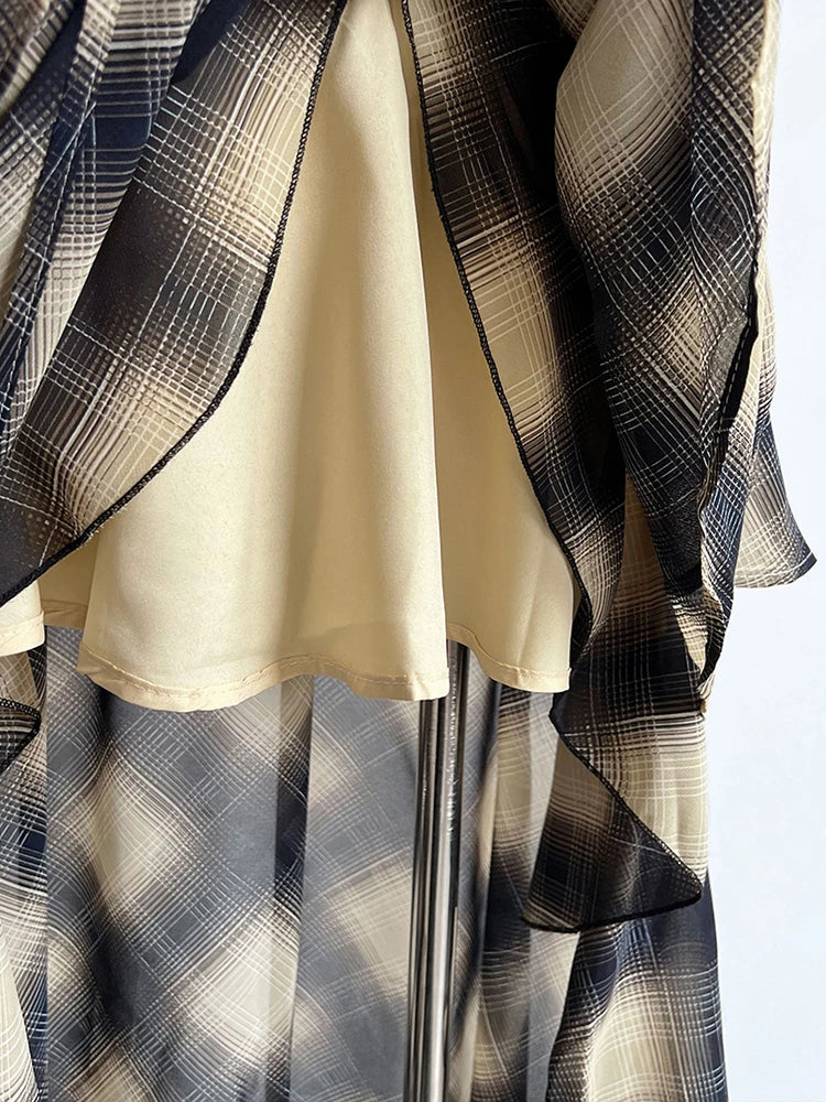 Asymmetric Khaki Plaid Neck Sleeveless Top High-Low Uniaue Halter FashionChic