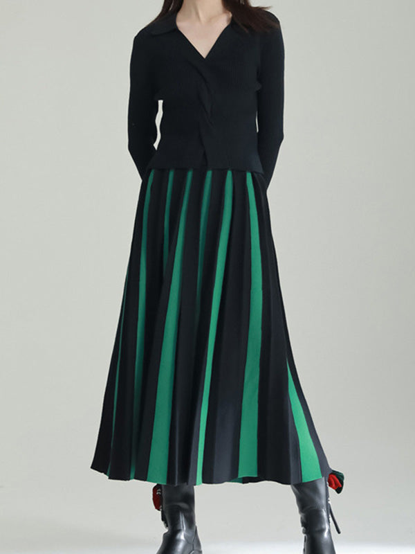 A-line Pleated Retro Skirt Knit Contrast White Color FashionChic