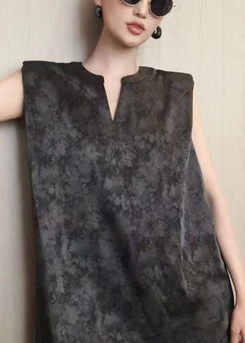 French Black V Neck Tie Dye Cotton Mid Dress Sleeveless QP003 OL-SDM241001