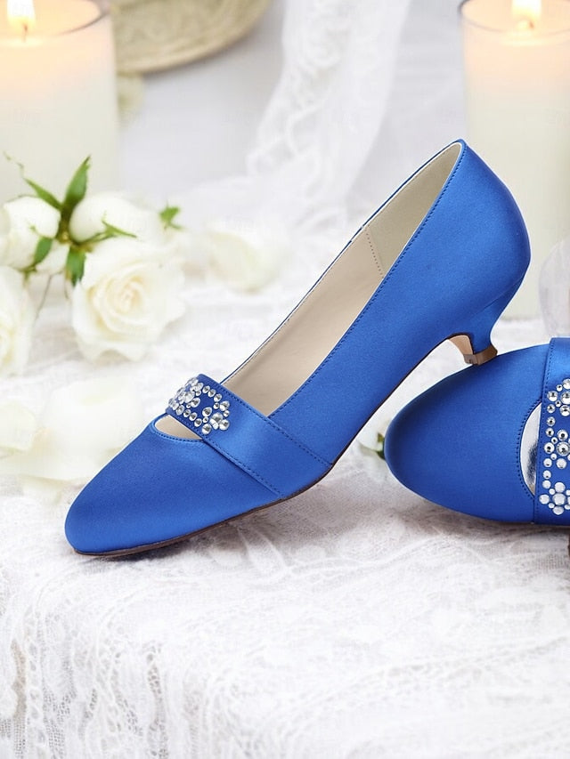 Blue Satin Heels Kitten Rhinestone with Women's FashionChic