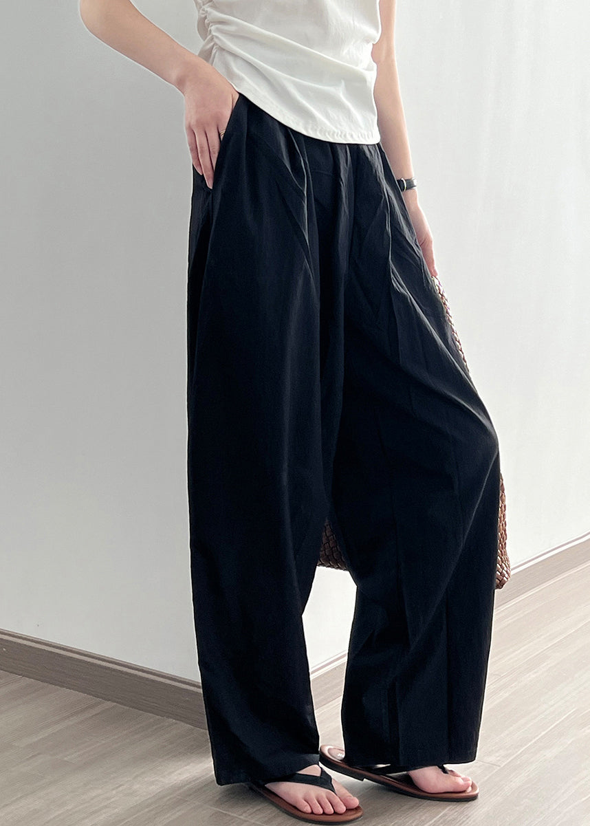 Black Pockets Cotton Wide Leg Pants Elastic Waist Wrinkled Fall AF1079 HS-LPTS240914