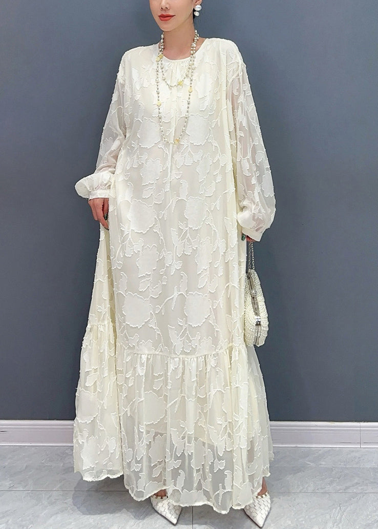 Loose White O Neck Print Tie Waist Maxi Dresses Fall AR1036 JDML-240823