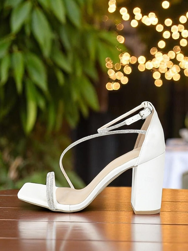 Rhinestone Block Sandals White Straps Heel - with Women's FashionChic